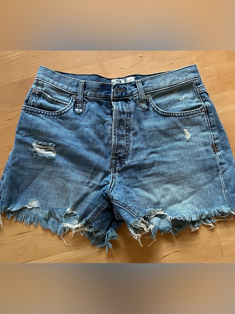 Free People Light Blue Denim Shorts with Brown Topstitching